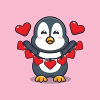 personagem de desenho animado de pinguim bonitinho segurando a decoração de amor vetor