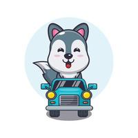 passeio de personagem de desenho animado de mascote de lobo fofo no carro vetor