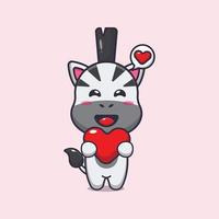 personagem de desenho animado de zebra bonito segurando coração de amor vetor