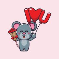 personagem de desenho animado de rato fofo segurando balão de amor e flores de amor