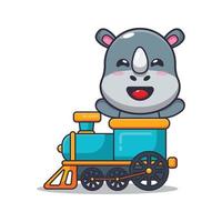 passeio de personagem de desenho animado de mascote rinoceronte bonito no trem vetor