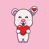 personagem de desenho animado de urso polar fofo segurando coração de amor vetor