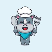 personagem de desenho animado de mascote chef rinoceronte fofo segurando a colher e o garfo vetor