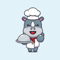 personagem de desenho animado de mascote chef rinoceronte bonito com prato vetor