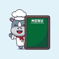 personagem de desenho animado de mascote chef rinoceronte bonito com placa de menu