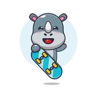 personagem de desenho animado de mascote rinoceronte bonito com skate vetor