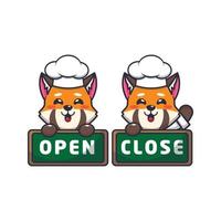 personagem de desenho animado de mascote de chef de panda vermelho bonito com placa aberta e fechada vetor