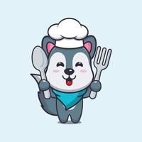 personagem de desenho animado de mascote de chef de lobo fofo segurando a colher e o garfo vetor