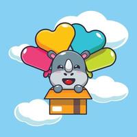 personagem de desenho animado de mascote rinoceronte fofo voa com balão vetor
