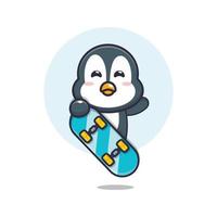 personagem de desenho animado de mascote pinguim fofo com skate vetor