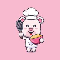 personagem de desenho animado de mascote de chef de urso polar fofo com massa de bolo vetor