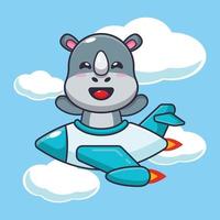 passeio de personagem de desenho animado de mascote rinoceronte fofo no jato de avião vetor