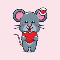 personagem de desenho animado de rato fofo segurando coração de amor