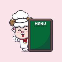 personagem de desenho animado de mascote de chef de ovelha bonito com placa de menu vetor