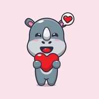 personagem de desenho animado de rinoceronte fofo segurando coração de amor vetor