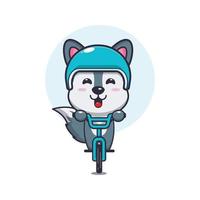 personagem de desenho animado de mascote lobo fofo passeio de bicicleta vetor