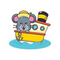 personagem de desenho animado de mascote de rato bonito no navio vetor