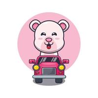 bonito urso polar mascote personagem de desenho animado passeio de carro vetor