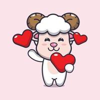 personagem de desenho animado de ovelha fofa segurando coração de amor no dia dos namorados vetor