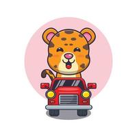 passeio de personagem de desenho animado de mascote leopardo fofo no carro vetor