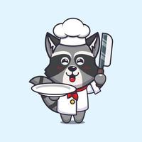 personagem de desenho animado de mascote de chef de guaxinim bonito com faca e prato vetor