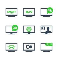 ícones de tv, resolução 4k, 3d, smart tv, proporção, ilustração vetorial