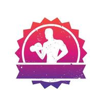 distintivo de fitness com posando de atleta, fisiculturista, logotipo do ginásio sobre branco vetor