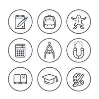 ícones de linha escolar em círculos, educação, faculdade, estudo, física, biologia vetor