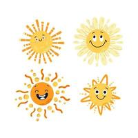 conjunto de ilustração de ícone de sol bonito engraçado desenhado de mão. coleção ensolarada feliz infantil amarela. pequenos sóis vetoriais isolados para design de impressão vetor