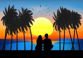 imagem gráfica um casal homem e mulheres sentados olham para o pôr do sol na ilustração vetorial de design de praia vetor