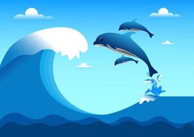 desenhando peixes golfinhos e oceano de ondas pulando feliz com ilustração vetorial de onda vetor