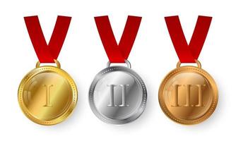 medalhas de esportes realistas isoladas no conjunto de fundo branco. medalha de metal ouro, prata e bronze. prêmios de vetor para vencedor ou campeão.