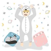 criança de pijama kugurumi com um gato e travesseiros. bebê fofo de pijama no fundo de almofadas e penas com estrelas. para o design de um álbum infantil, pôster ou cartão postal. vetor