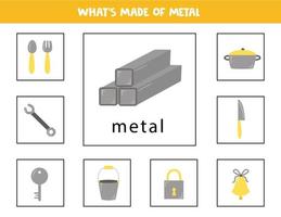 o que é feito de metal. cartões para crianças. vetor