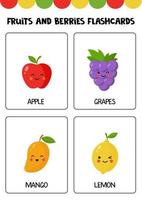 frutas e bagas bonitos dos desenhos animados com nomes. flashcards para crianças. vetor