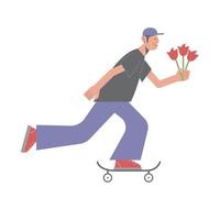 design moderno plano de personagem masculino com flores andando de skate vetor