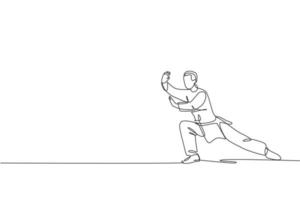 único desenho de linha contínua do jovem lutador de wushu, mestre de kung fu em postura de treinamento uniforme de tai chi no centro do dojo. conceito de concurso de luta. ilustração em vetor de design de desenho de uma linha na moda