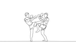 um único desenho de linha de dois jovens lutadores de muay thai enérgicos se exercitando na ilustração vetorial de academia de ginástica. conceito de esporte de boxe tailandês combativo. design moderno de desenho de linha contínua vetor