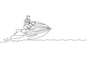 único desenho de linha contínua de jovem turista desportivo jogando jet ski no mar. conceito de esporte marítimo extremamente perigoso. férias de verão. ilustração em vetor design de desenho de uma linha na moda