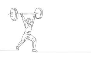 um desenho de linha contínua de homem jovem fisiculturista fazendo exercício com uma barra de peso pesado no ginásio. conceito de levantamento de peso de trem powerlifter. gráfico de ilustração vetorial design de desenho de linha única dinâmica vetor