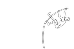 um único desenho de linha de jovem energético exercício salto com vara para passar a barra na ilustração vetorial de campo. conceito de esporte atlético saudável. evento de competição. design moderno de desenho de linha contínua vetor