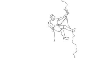 um único desenho de linha de jovem ativo escalando na montanha do penhasco segurando ilustração gráfica vetorial de corda de segurança. esporte radical ao ar livre e conceito de boulder. design moderno de desenho de linha contínua vetor