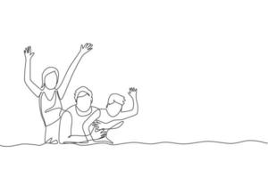 um desenho de linha contínua de família feliz curtindo brincar e nadar juntos no centro esportivo de piscina. férias de verão e conceito de parentalidade. ilustração em vetor design de desenho de linha única dinâmica