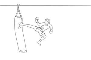 um único desenho de linha do jovem enérgico kickboxer prática salto chutando com saco de pancada na ilustração vetorial de arena de boxe. conceito de esporte de estilo de vida saudável. design moderno de desenho de linha contínua