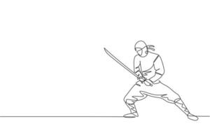 um único desenho de linha do jovem ninja tradicional japonês energético segurando a espada samurai na ilustração vetorial de pose de ataque. conceito de esporte de arte marcial combativo. design moderno de desenho de linha contínua vetor