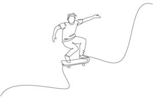 único desenho de linha contínua do jovem skatista legal andando de skate e realizando truque de salto no parque de skate. praticando o conceito de esporte ao ar livre. ilustração em vetor design de desenho de uma linha na moda