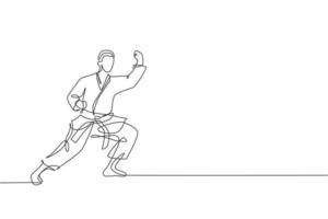 único desenho de linha contínua de jovem karateca confiante em quimono praticando combate de karatê no dojo. conceito de treinamento de esporte de arte marcial. ilustração em vetor gráfico de design de desenho de uma linha na moda