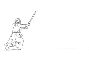 único desenho de linha contínua de jovem esportivo praticando habilidade de arte marcial de ataque de kendo no centro de esporte de ginásio. conceito de esporte de luta. ilustração em vetor design gráfico de desenho de uma linha na moda