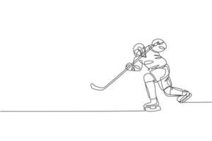 um único desenho de linha do jovem jogador de hóquei no gelo em ação para jogar um jogo competitivo na ilustração gráfica vetorial do estádio de pista de gelo. conceito de torneio esportivo. design moderno de desenho de linha contínua vetor