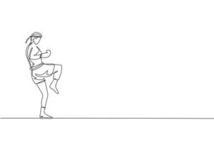 um único desenho de linha de um jovem lutador de muay thai enérgico exercitando-se na ilustração gráfica de vetor de academia de ginástica. conceito de esporte de boxe tailandês combativo. design moderno de desenho de linha contínua